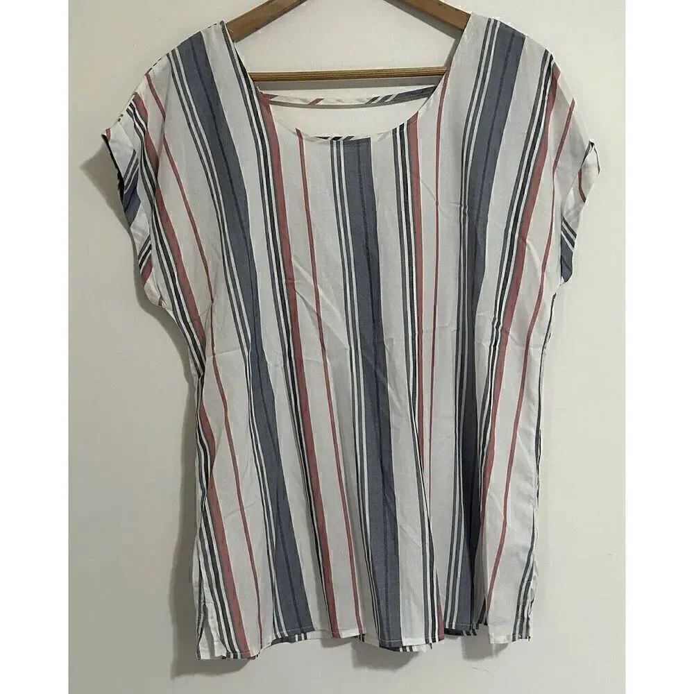 Womens Olive & Oak Striped Blue Red Short Sleeve Blouse Shirt M